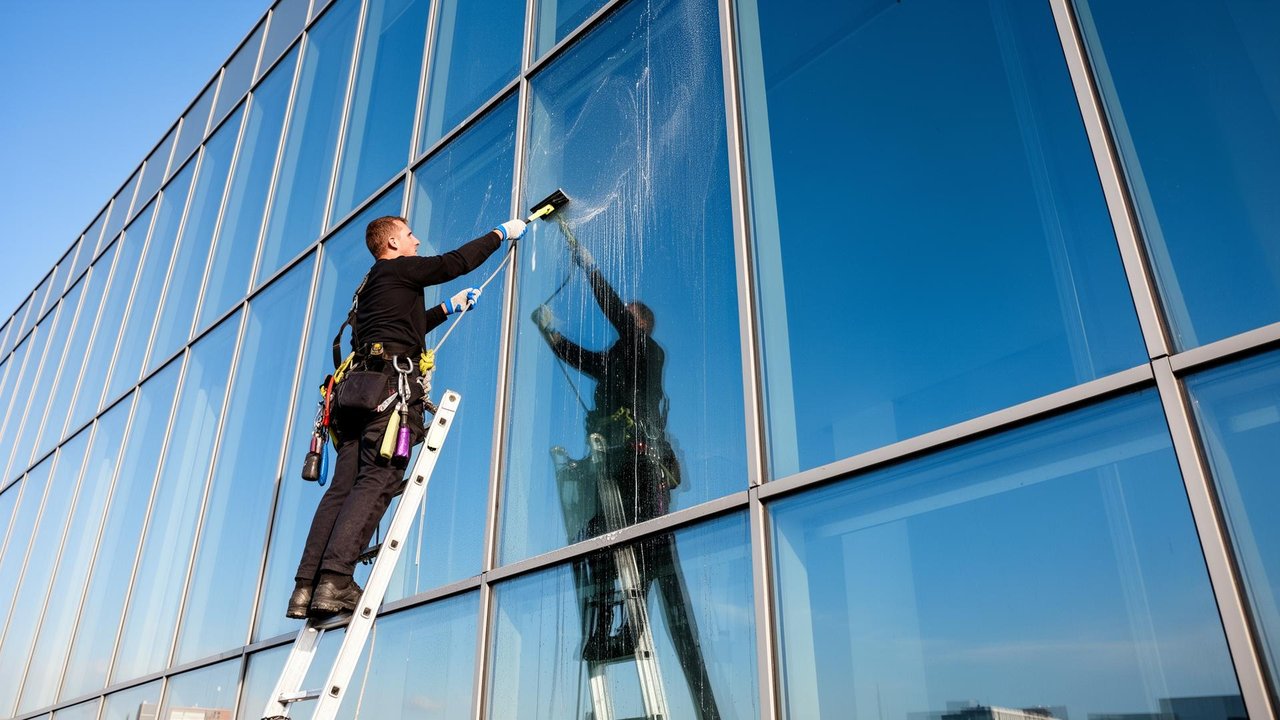 Streifenfrei gereinigte Glasfassade eines Gewerbeobjekts in Würzburg